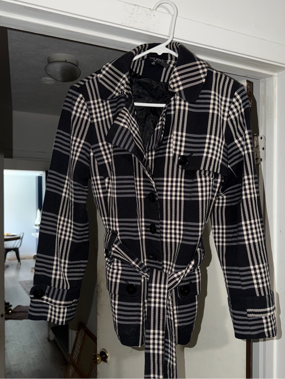 Nine West Black & White Plaid Belted Trench Coat